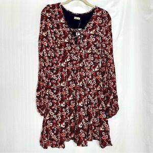 Hollister dark floral skater mini dress long sleeve size medium red